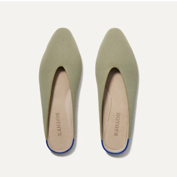 Rothy's Shoes - Rothy's Olive Green Pointed Slip-On Flats with Blue Heel Accent
